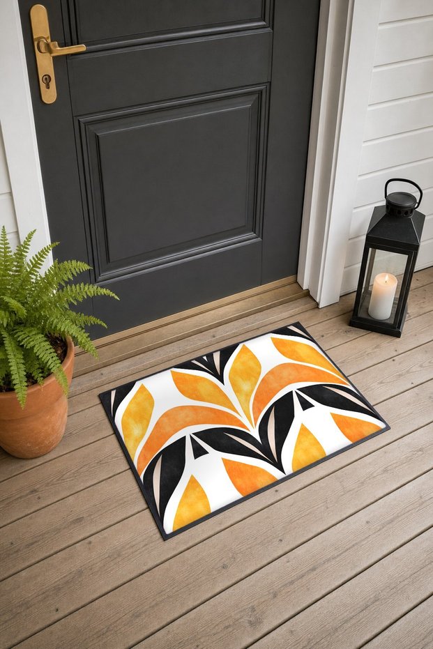 Orange and Black Art Deco Leaf-Patterned Doormat, 40x60 cm, with Non-Slip Sole, Decorative