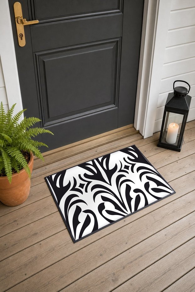 Black and White Stylized Leaf-Patterned Doormat, 40x60 cm, with Non-Slip Sole, Decorative