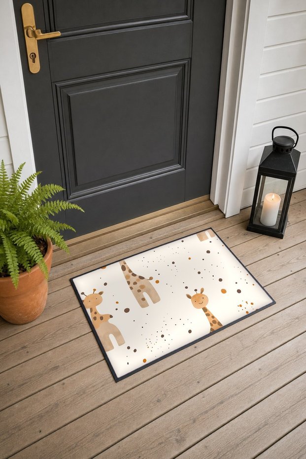 White Mini Giraffe Baby-Printed Doormat, 40x60 cm, with Non-Slip Sole, Decorative