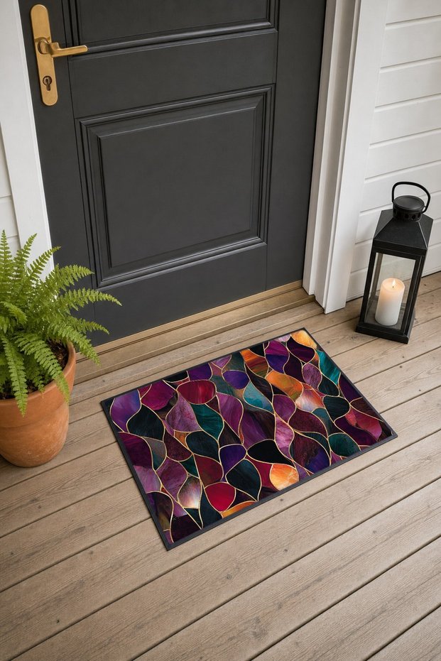 Purple Gold Waves Patterned Doormat, 40x60 cm, with Non-Slip Sole, Decorative