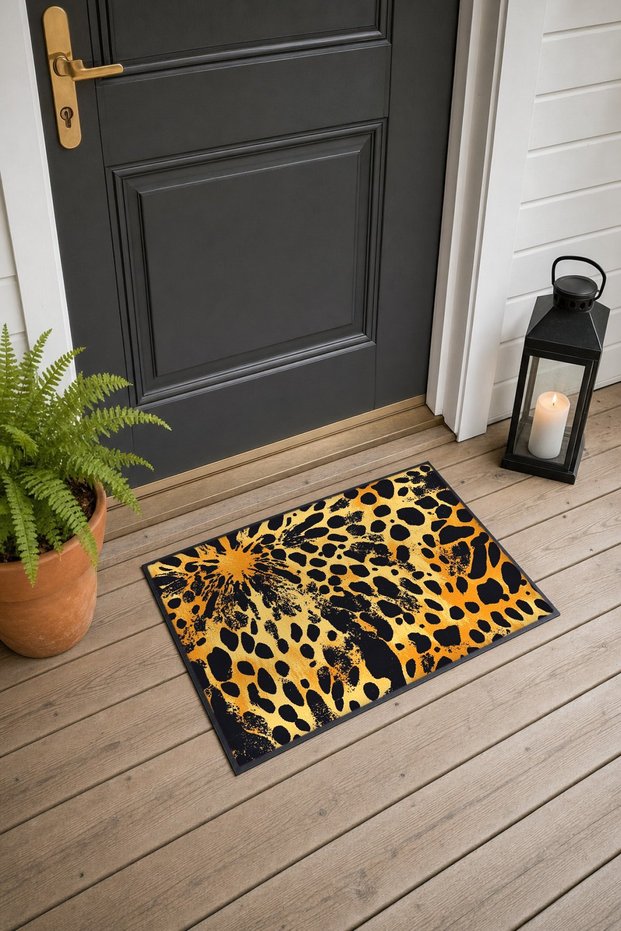 Yellow and Black Leopard Print Doormat, 40x60 cm, with Non-Slip Sole, Decorative