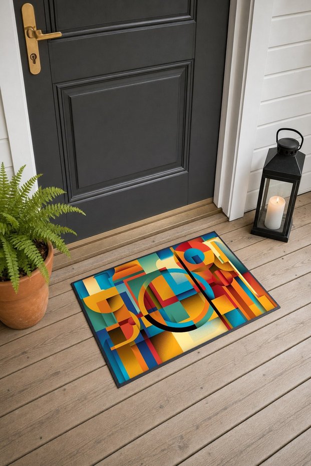 Orange and Turquoise Retro Patterned Geometric Doormat, 40x60 cm, with Non-Slip Sole, Decorative