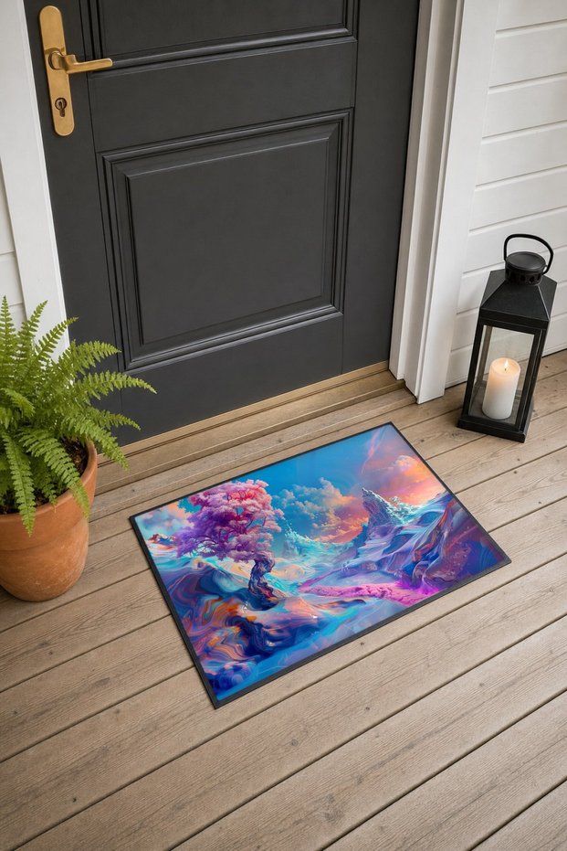 Pink and Blue Landscape-Patterned Doormat, 40x60 cm, with Non-Slip Sole, Decorative