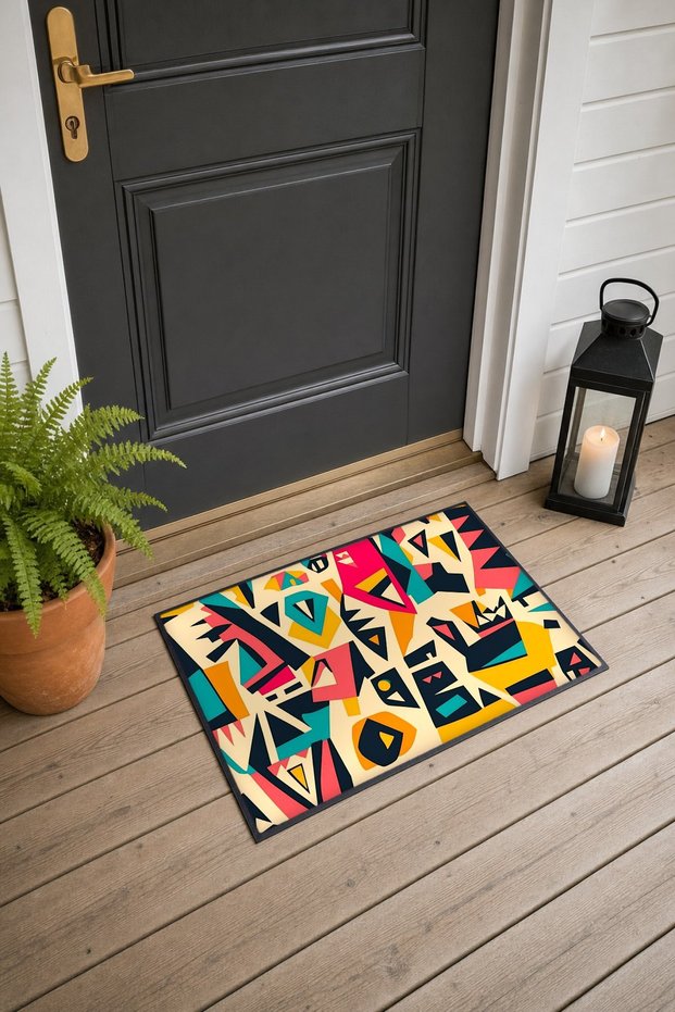 Yellow and Pink Cubist Collage-Patterned Doormat, 40x60 cm, with Non-Slip Sole, Decorative