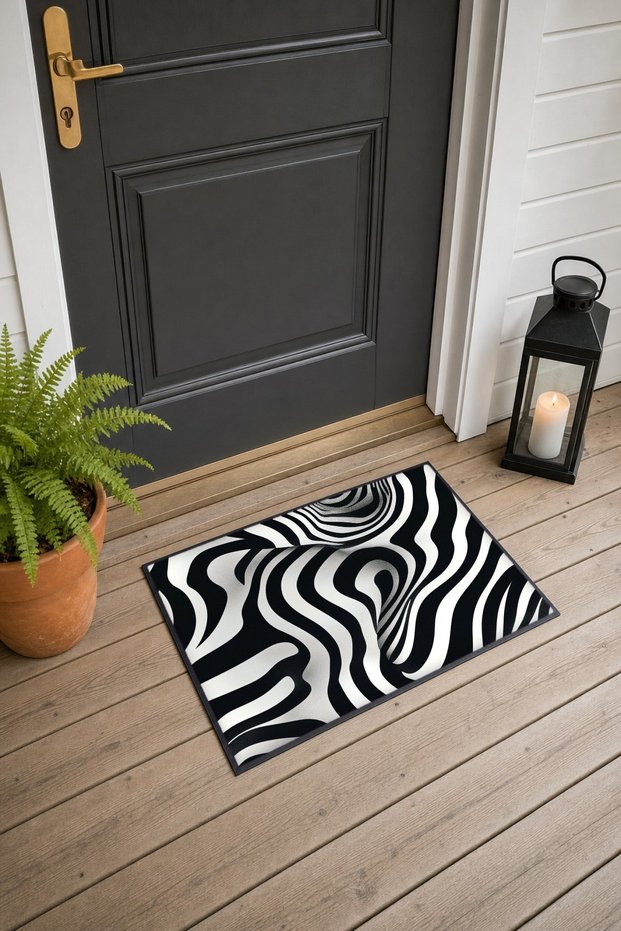 Black and White 3D Zebra Wave Pattern Doormat, 40x60 cm, Non-Slip Sole, Decorative