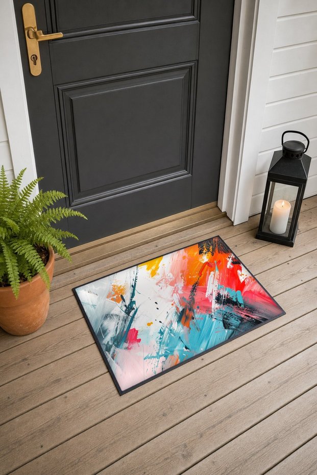Red and Turquoise Energetic Brush-Patterned Doormat, 40x60 cm, with Non-Slip Sole, Decorative