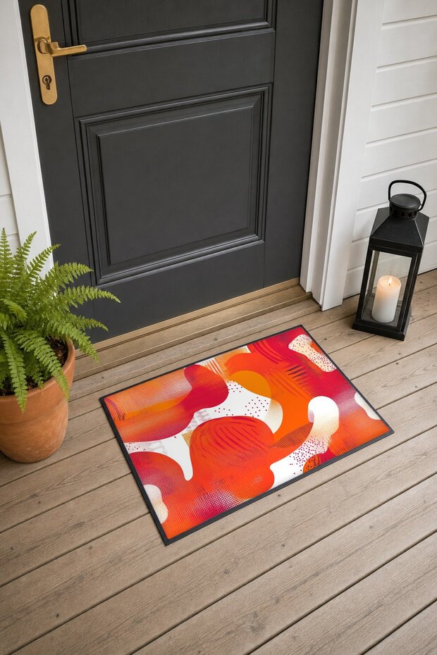 Orange and Red Retro Patterned Fluid-Shaped Doormat, 40x60 cm, with Non-Slip Sole, Decorative