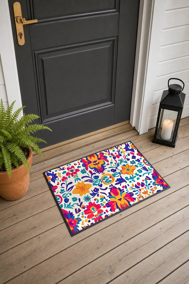 White, Colorful Mexican Floral Print Doormat, 40x60 cm, with Non-Slip Sole, Decorative