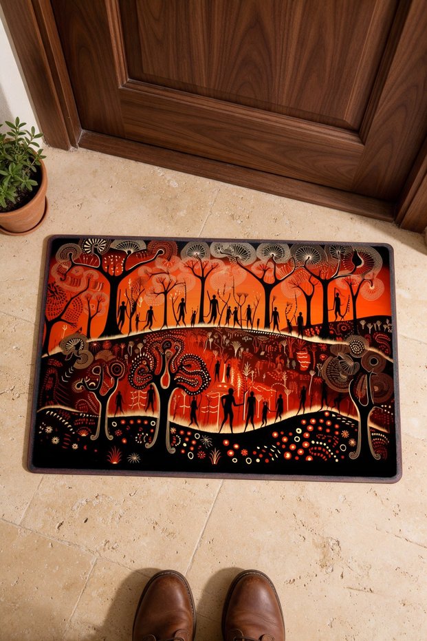 Red and Black Forest Scenery Patterned Doormat, 40x60 cm, with Non-Slip Sole, Decorative