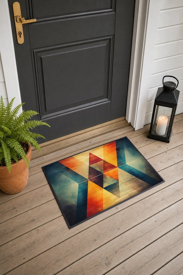 Orange and Blue Geometric Patterned 967 Doormat, 40x60 cm, Non-Slip Sole, Decorative