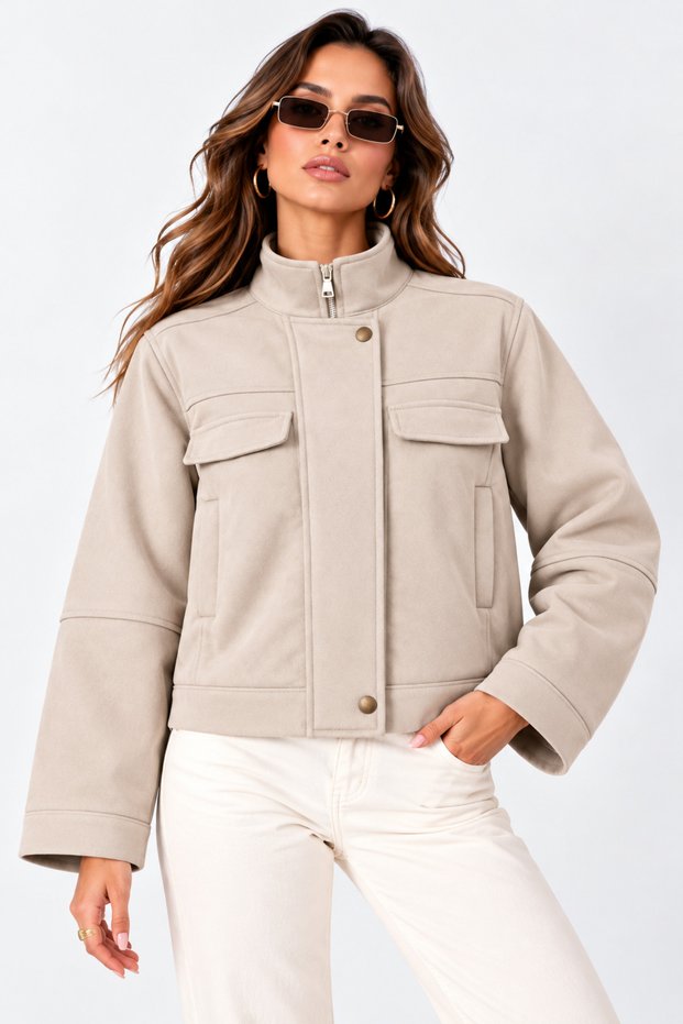 AGLİMMER Women's Beige Cropped Suede Jacket with Snaps, Double Pockets, and a Mock Neck