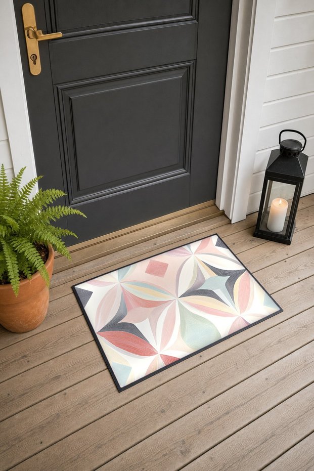 Pastel Pink and Mint Geometric Patterned Star-Patterned Doormat, 40x60 cm, with Non-Slip Sole, Decorative