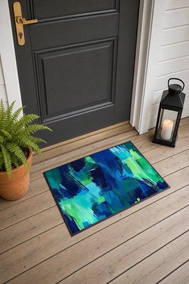 Navy Blue and Neon Green Brushstroke-Patterned Doormat, 40x60 cm, with Non-Slip Sole, Decorative
