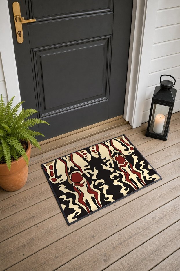 Cream-Burgundy Ethnic Patterned Door Mat, 40x60 cm, with Non-Slip Sole, Decorative