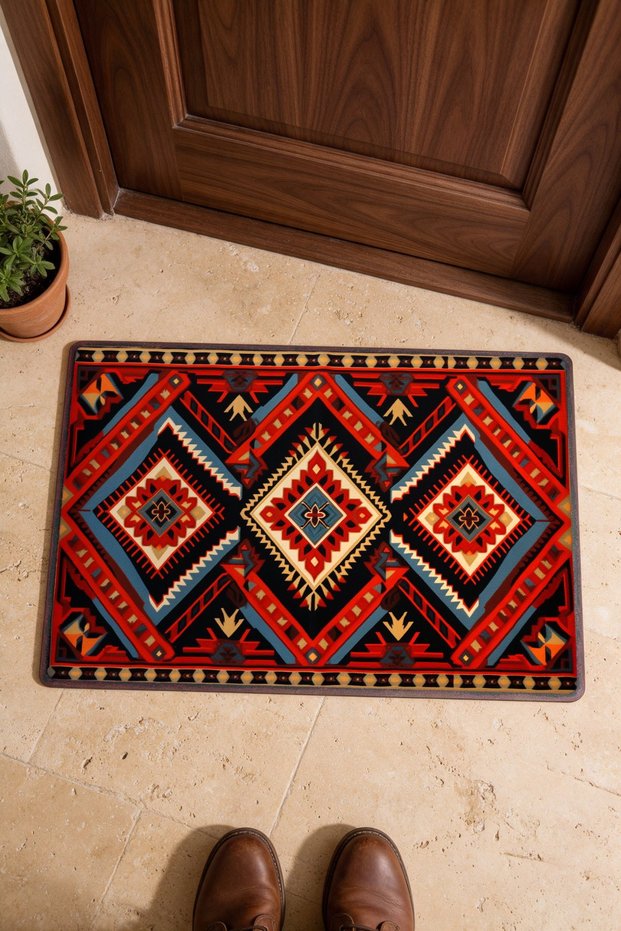 Black and Red Diamond-Patterned Turkish Kilim Rug Door Mat, 40x60 cm, with Non-Slip Sole