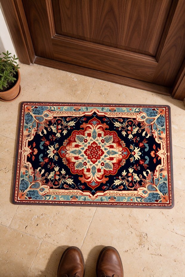 Navy and Salmon Classic Medallion Turkish Rug-Patterned Doormat, 40x60 cm, with Non-Slip Sole