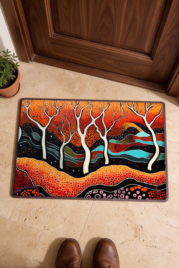 Orange and Black Nature Scenery Patterned 948 Doormat, 40x60 cm, with Non-Slip Sole, Decorative