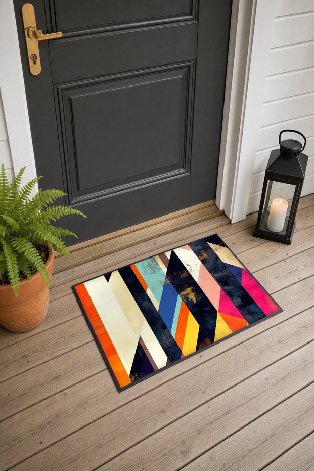 Navy Blue and Orange Cross-Stripe Collage Pattern Doormat, 40x60 cm, with Non-Slip Sole, Decorative