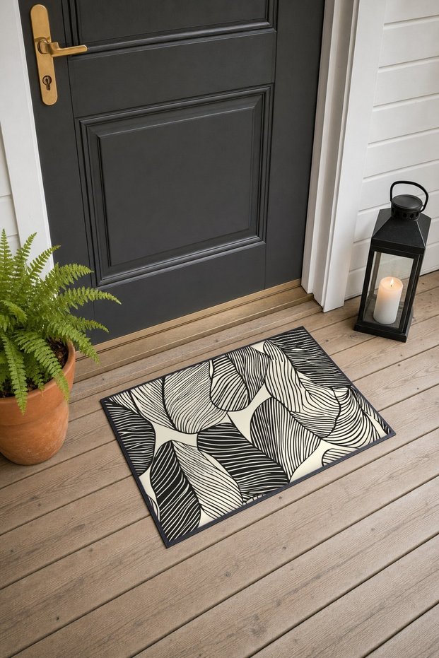 Cream and Black Leaf-Patterned Doormat, 40x60 cm, with Non-Slip Sole, Decorative