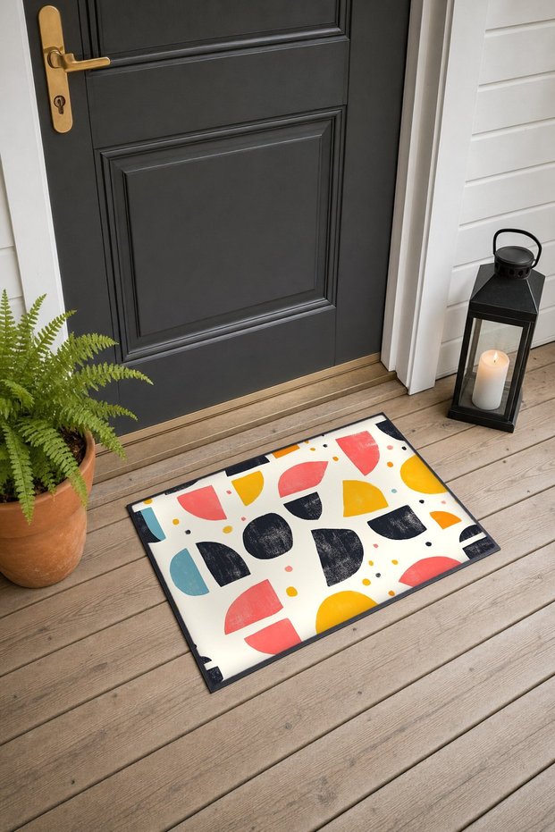 Cream and Black Coral Half-Circle Memphis-Patterned Doormat, 40x60 cm, with Non-Slip Sole, Decorative