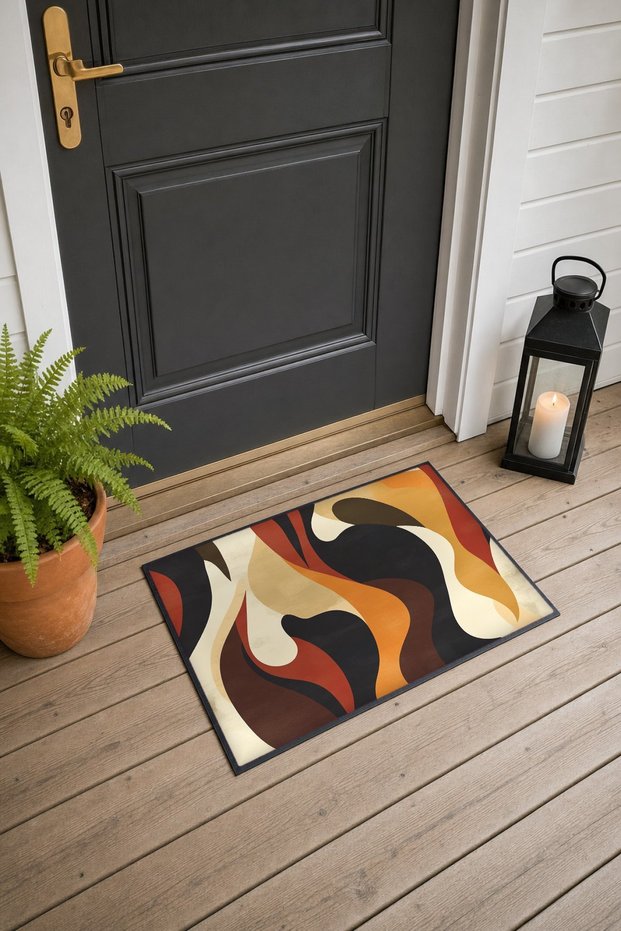 Coffee Orange 70s Retro Patterned Doormat, 40x60 cm, with Non-Slip Sole, Decorative