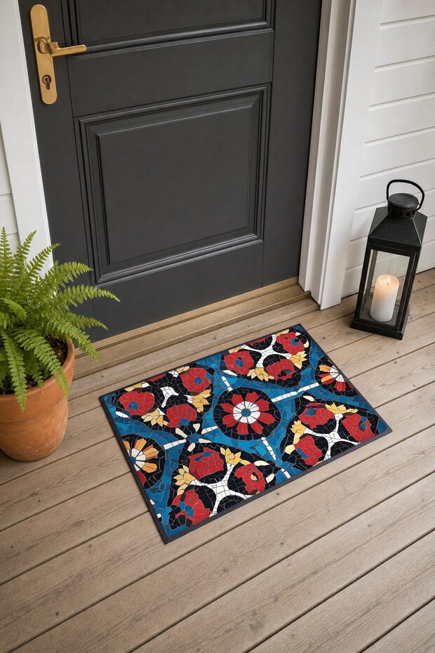 Blue and Red Ethnic Patterned Doormat, 40x60 cm, with Non-Slip Sole, Decorative