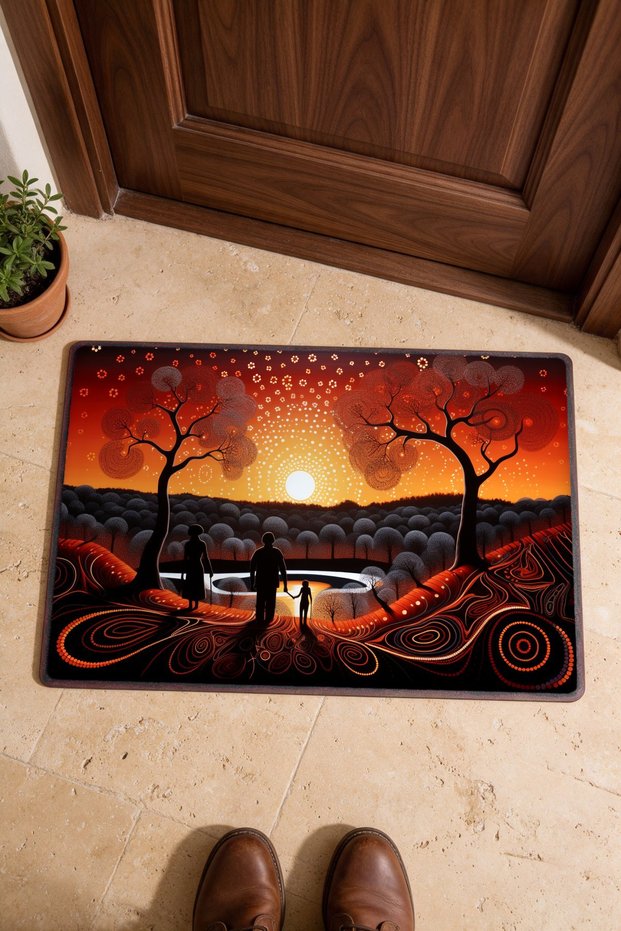 Orange and Black Landscape-Patterned 965 Doormat, 40x60 cm, with Non-Slip Sole, Decorative