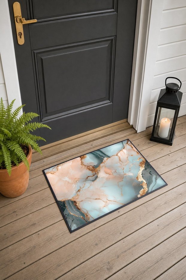 Mint Peach-Marble Patterned Doormat, 40x60 cm, with Non-Slip Sole, Decorative