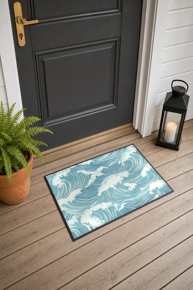Light Blue Japanese Foam Wave-Patterned Doormat, 40x60 cm, with Non-Slip Sole, Decorative