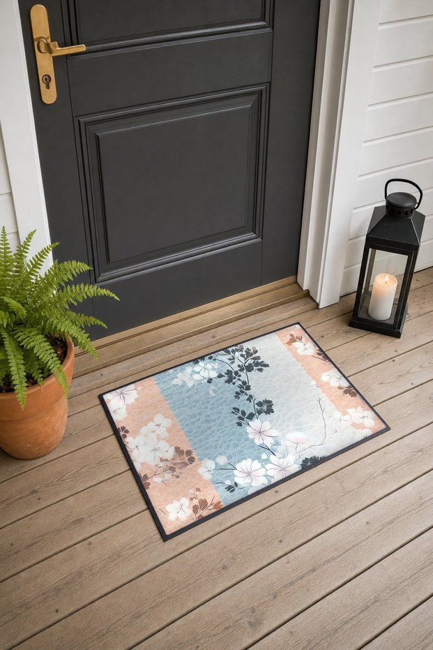 Pastel Blue and Pink Japanese Floral Print Doormat, 40x60 cm, with Non-Slip Sole, Decorative