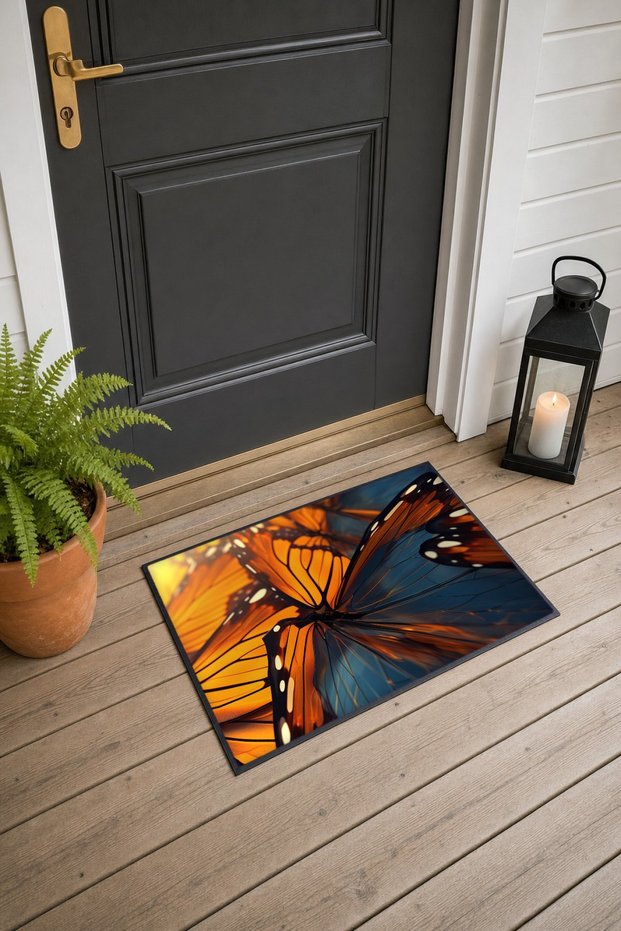 709 Orange and Blue Butterfly-Patterned Doormat, 40x60 cm, with Non-Slip Sole, Decorative