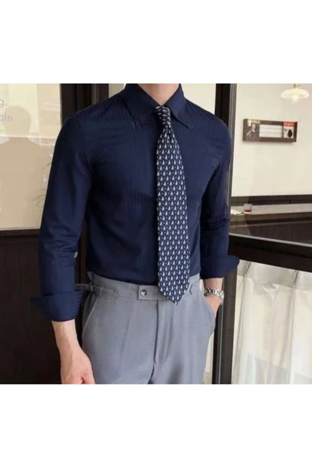Men's Navy Blue Fine-Striped Slim Fit Classic-Collar Long-Sleeve Premium Stylish Office and Business Shirt