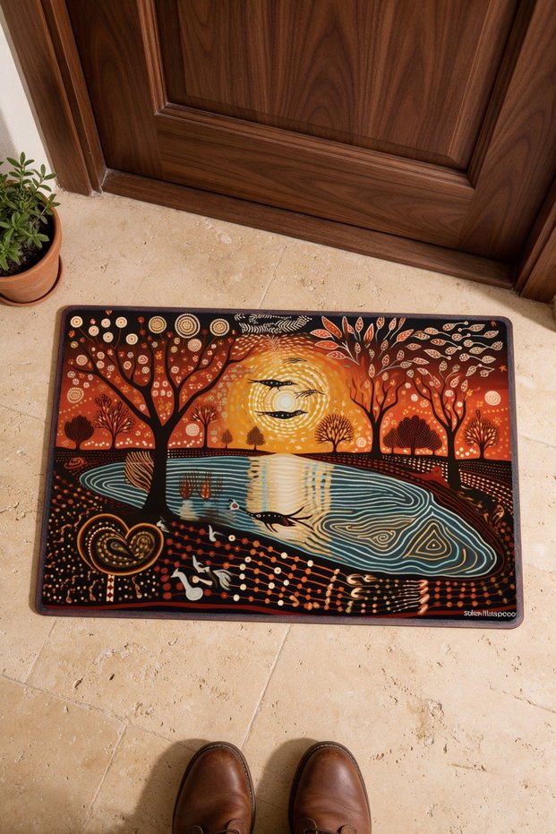 Orange Sunlit Landscape-Patterned Doormat, 40x60 cm, with Non-Slip Sole, Decorative