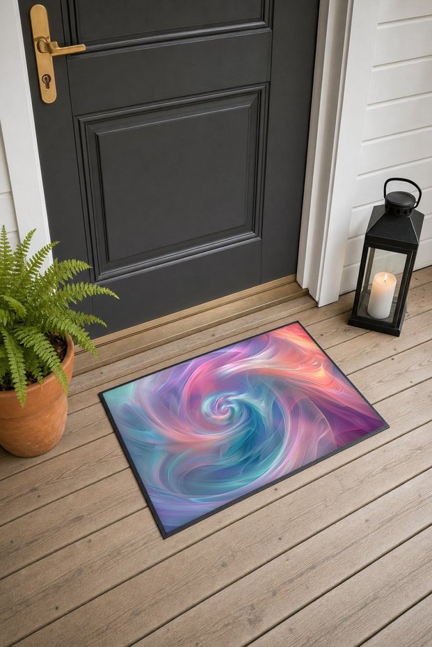 Pastel Rainbow Swirl Pattern Door Mat, 40x60 cm, Non-Slip Sole, Decorative
