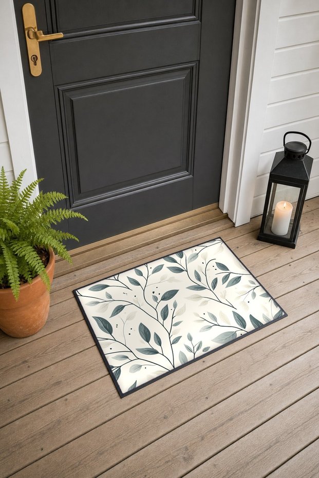 Gray-Leafed Botanical Branch Pattern Doormat, 40x60 cm, with Non-Slip Sole, Decorative