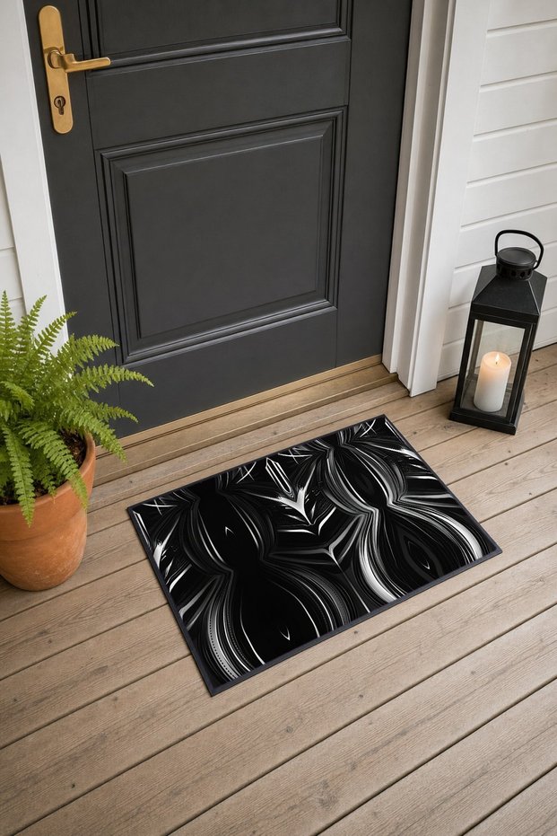 Black and Silver Symmetrical Light Beam Patterned Doormat, 40x60 cm, with Non-Slip Sole, Decorative