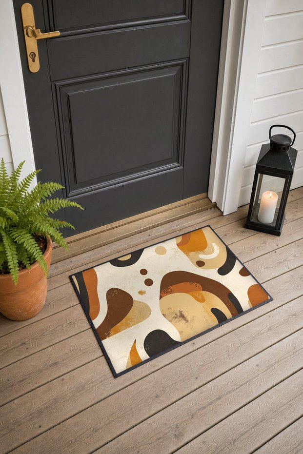 Cream Mustard Retro Patterned Doormat, 40x60 cm, with Non-Slip Sole, Decorative