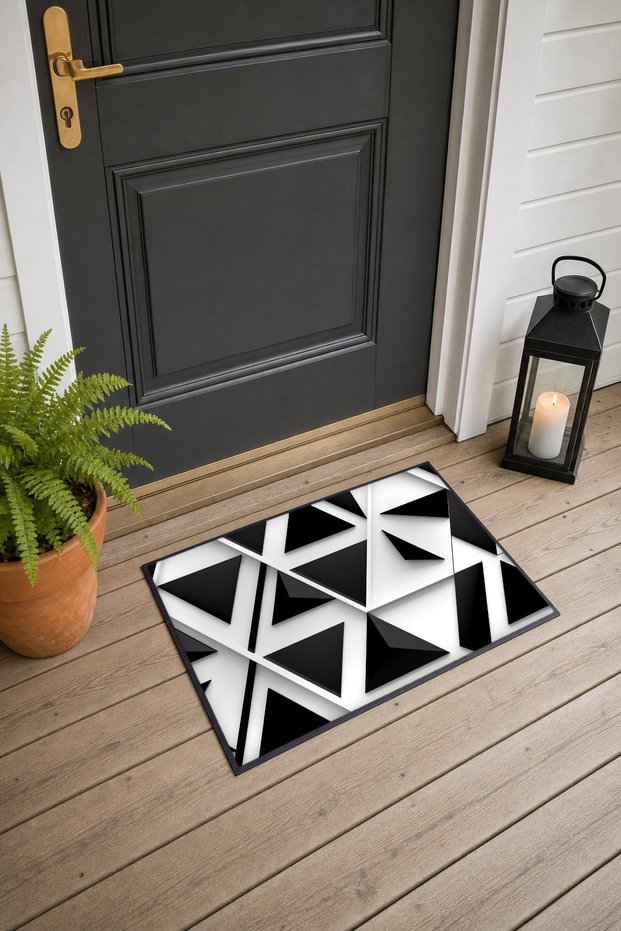 Black and White Geometric Patterned 917 Doormat, 40x60 cm, Non-Slip Sole, Decorative