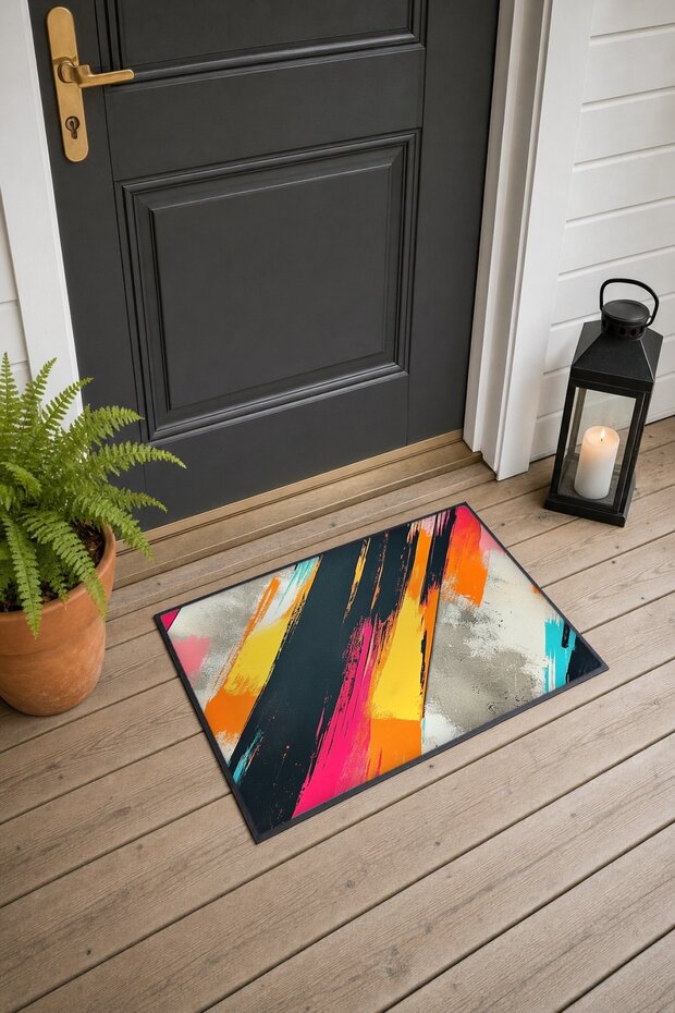 Black and Pink Diagonal Brushstroke Patterned Doormat, 40x60 cm, with Non-Slip Sole, Decorative