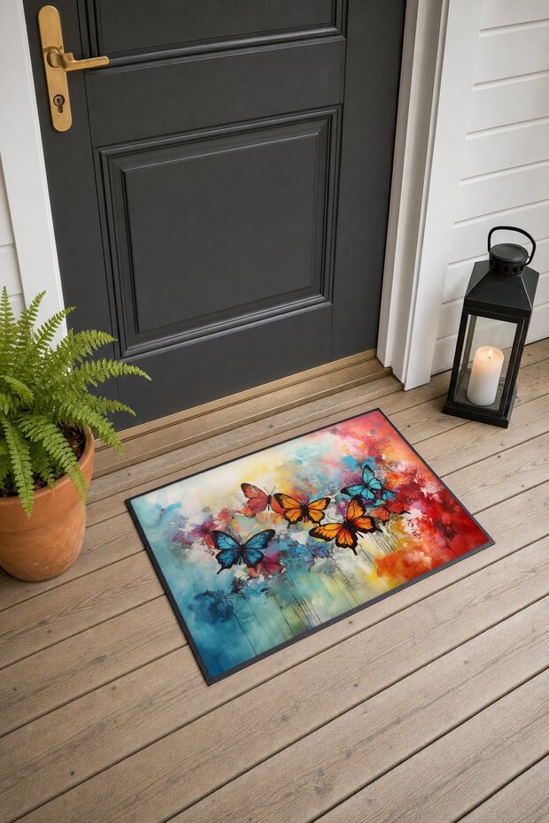 715 Orange and Blue Butterfly-Patterned Doormat, 40x60 cm, with Non-Slip Sole, Decorative