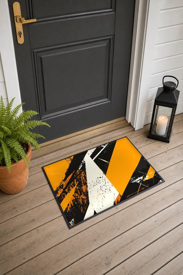 Orange and Black Grunge Geometric Patterned Doormat, 40x60 cm, with Non-Slip Sole, Decorative