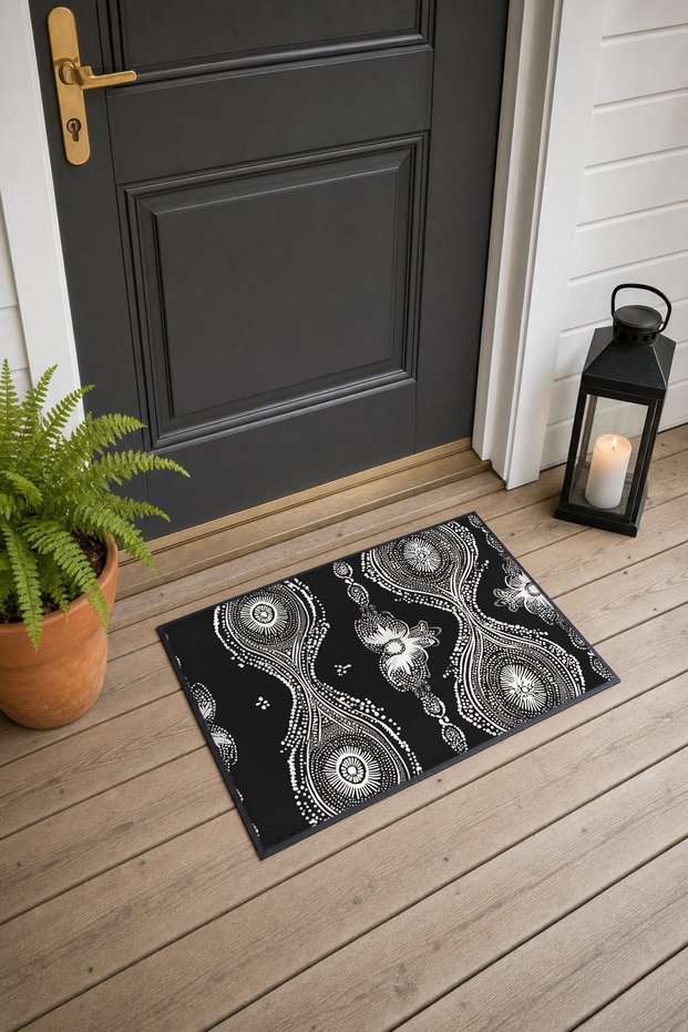 Black and White Lace Paisley Striped Doormat, 40x60 cm, with Non-Slip Sole, Decorative