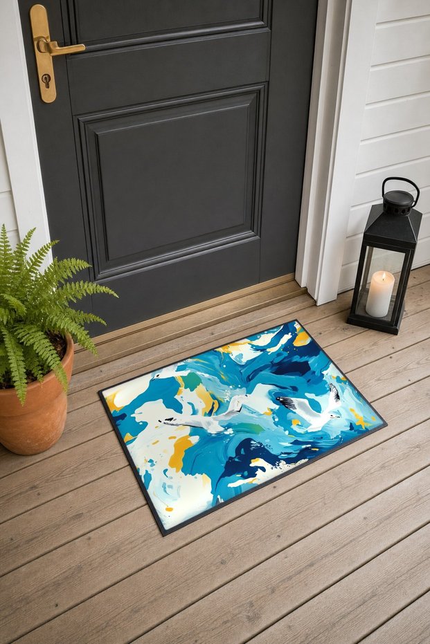 Turquoise and Yellow Brushstroke-Style Seascape Doormat, 40x60 cm, with Non-Slip Sole, Decorative