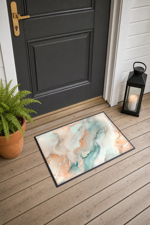 Peach and Mint Marble Patterned Doormat, 40x60 cm, with Non-Slip Sole, Decorative
