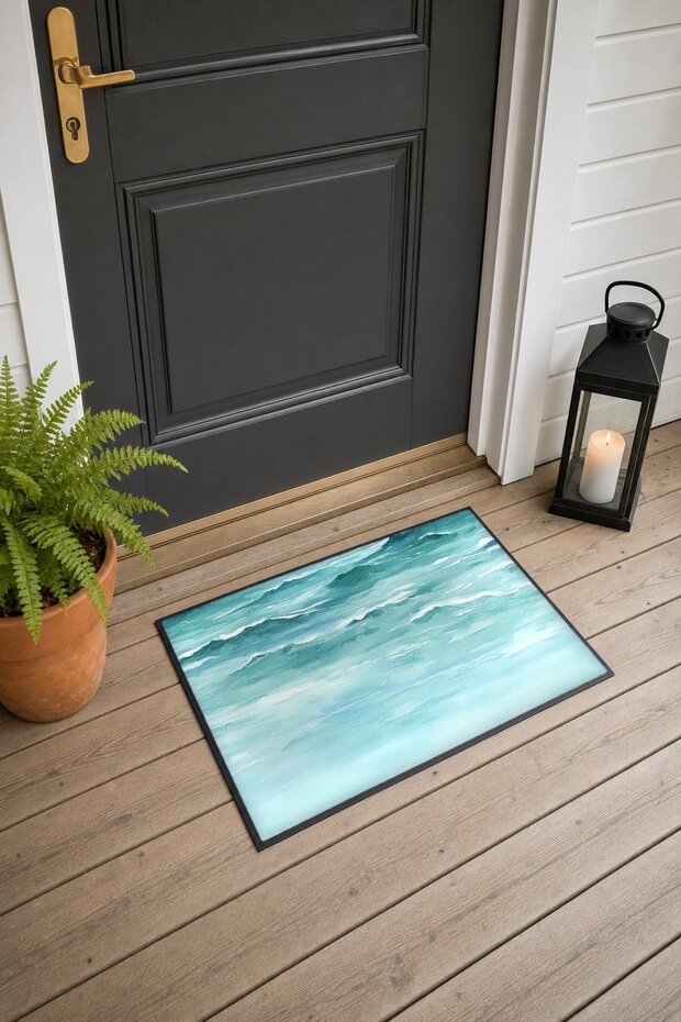 Turquoise Sea Horizon Patterned Doormat, 40x60 cm, with Non-Slip Sole, Decorative