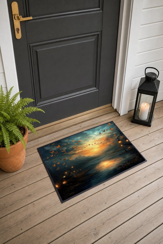 566 Orange Butterfly Scenery Patterned Doormat, 40x60 cm, with Non-Slip Sole, Decorative