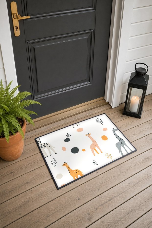 White Pastel Giraffe-Patterned Doormat, 40x60 cm, with Non-Slip Sole, Decorative