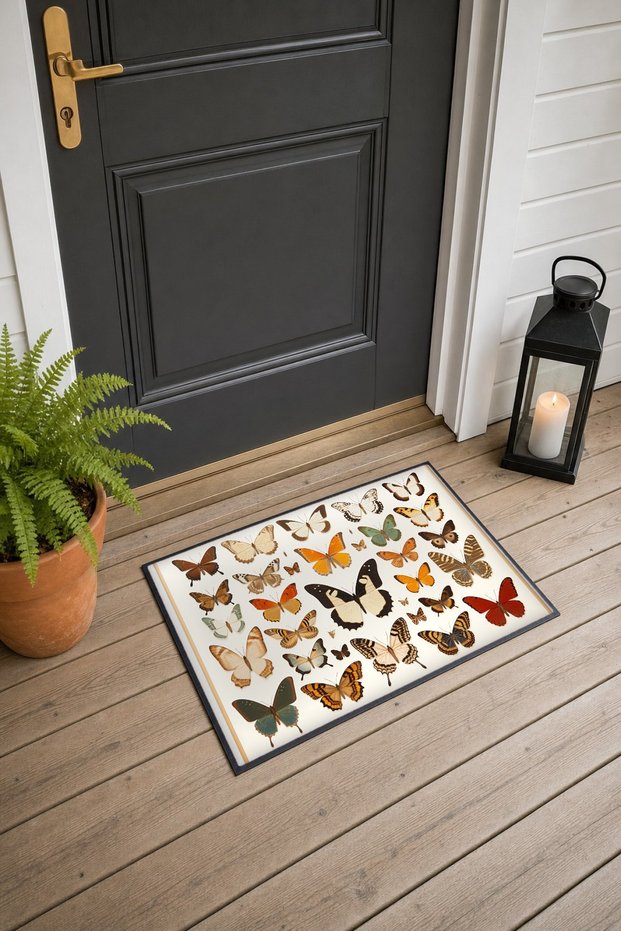 Orange Butterfly Collection Patterned Doormat, 40x60 cm, with Non-Slip Sole, Decorative