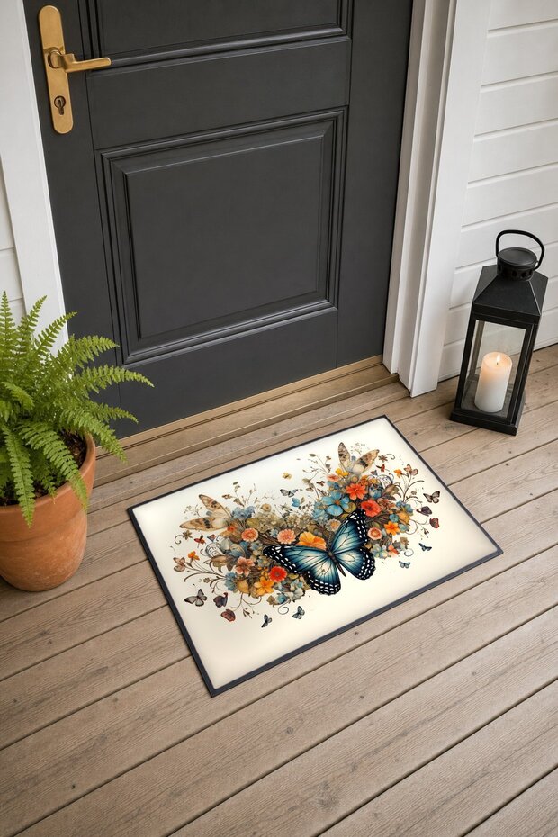 Blue Butterfly Garden Patterned Doormat, 40x60 cm, Non-Slip Sole, Decorative