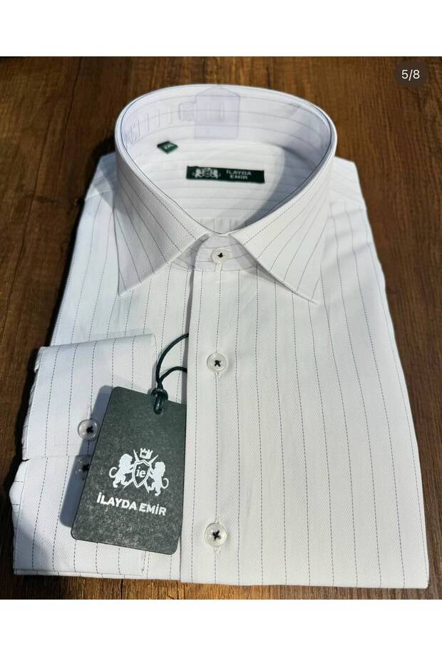 Men's White and Black Thin-Striped Long-Collar Slim Fit Classic-Cut Long-Sleeve Premium Stylish Business and Office Shirt